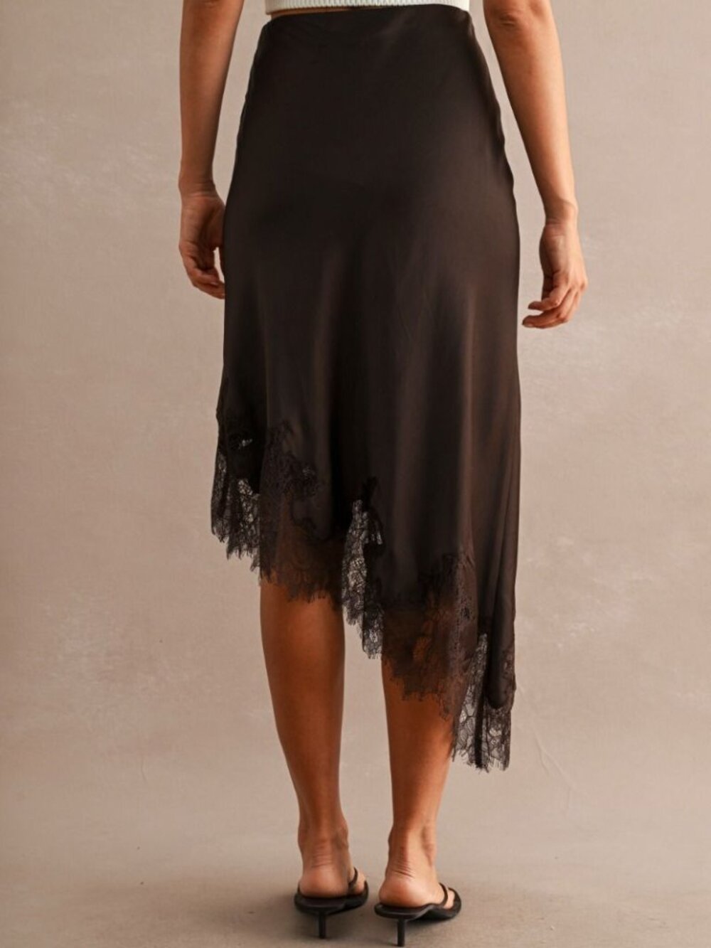 10/24 DROP! NWT Brown Lace Satin Trim Hem Fall Skirt SML Asymmetric - Picture 5 of 5
